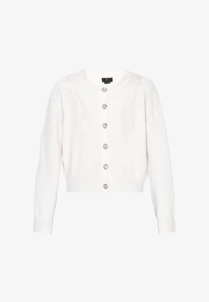 Weißer, taillierter Cardigan mit rundem Ausschnitt, verziert mit Pailletten an den Schultern und fünf großen, runden Knöpfen auf der Vorderseite.