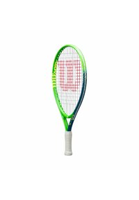 Grüner und blauer Tennisschläger mit einem weißen Griff, der ein großes rotes "W"-Logo im Besaitungsbereich und einen strukturierten Griff aufweist.