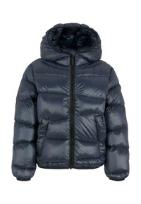 Giacca a vento blu navy con cappuccio, dotata di zip a lunghezza completa, design trapuntato orizzontale e polsini a coste per calore e isolamento.