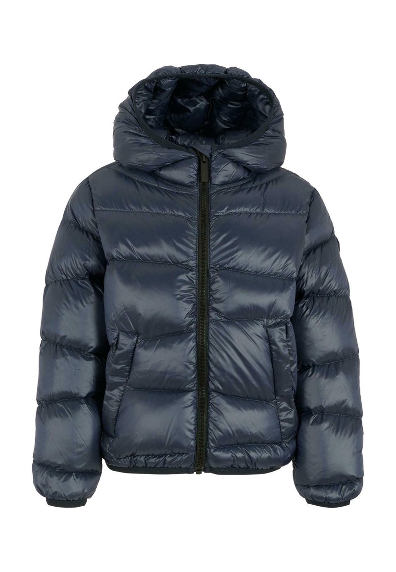 Giacca a vento blu navy con cappuccio, dotata di zip a lunghezza completa, design trapuntato orizzontale e polsini a coste per calore e isolamento.