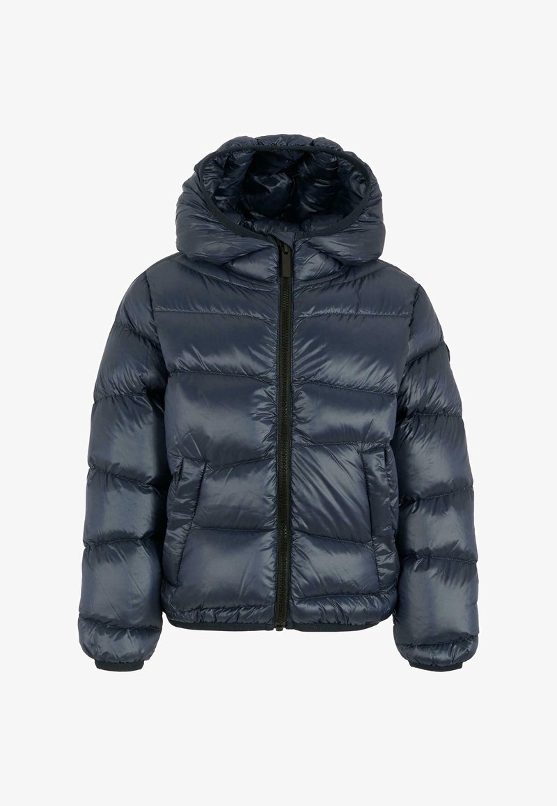 Giacca a vento blu navy con cappuccio, dotata di zip a lunghezza completa, design trapuntato orizzontale e polsini a coste per calore e isolamento.