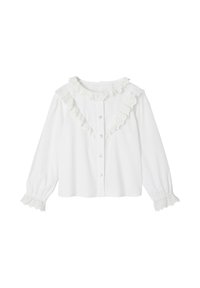 White long-sleeve shirt featuring a round neckline with lace trim, button closure, and lace accents on cuffs. Smooth cotton fabric.