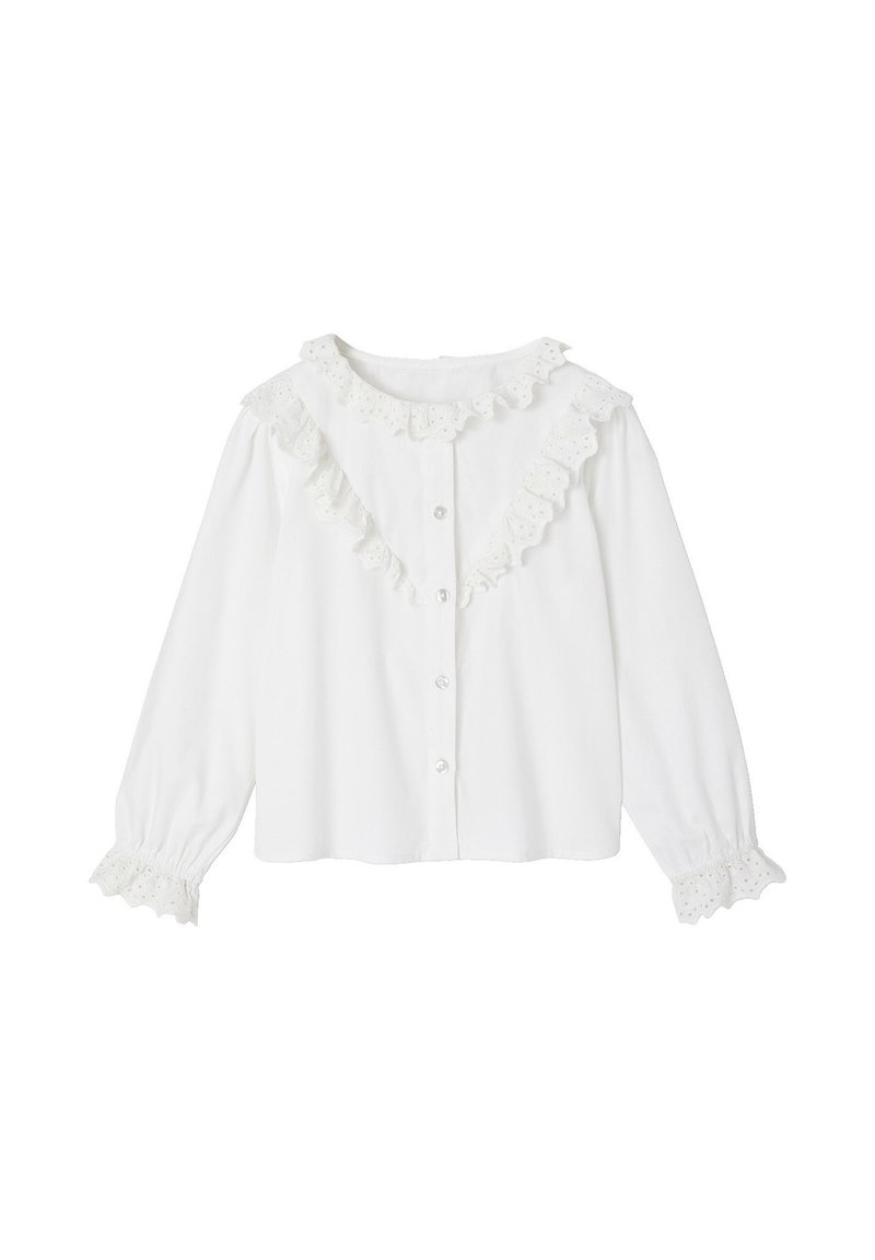 White long-sleeve shirt featuring a round neckline with lace trim, button closure, and lace accents on cuffs. Smooth cotton fabric.