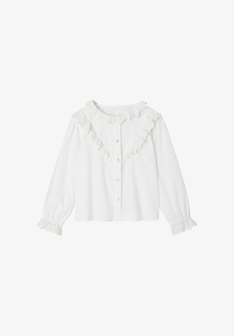 White long-sleeve shirt featuring a round neckline with lace trim, button closure, and lace accents on cuffs. Smooth cotton fabric.
