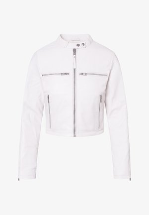Weiße, gekürzte Lederjacke mit Stehkragen, Vorderzipper und zwei Reißverschlusstaschen auf der Brust mit silbernen Hardware-Akzenten.