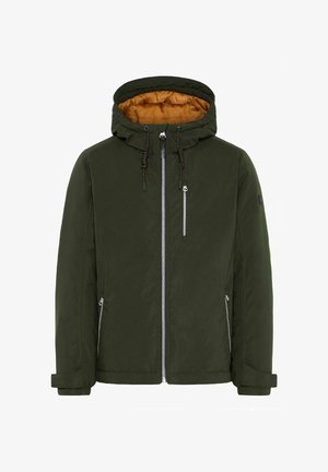 Sötétzöld bélelt dzseki levehető kapucnival, cipzáros elülső résszel és két oldalsó zsebbel. A belső rész kontrasztos narancssárga béléssel rendelkezik.