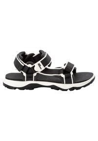 Schwarze Freizeitsandalen für draußen mit verstellbaren Riemen, strukturierten Sohlen und weißen Akzenten. Sie verfügen über ein gepolstertes Fußbett und einen robusten Grip.