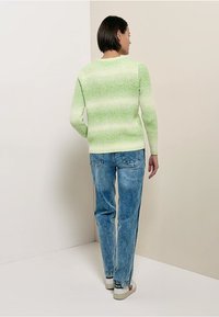 Pull en maille vert clair avec un motif dégradé, col rond et manches longues, porté avec un jean bleu délavé et des baskets de couleur claire.