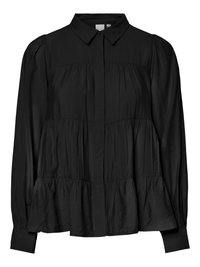 Svart bluse med lange ermer, laget av lagdelt stoff, med spiss krage, skjulte frontknapper og tettsittende mansjetter.