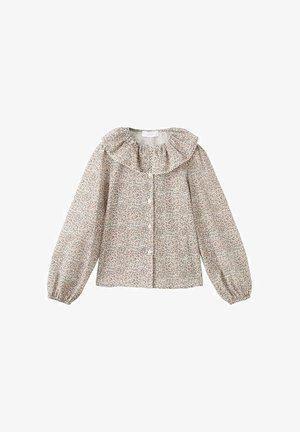 Bluză cu model floral, cu decolteu volănat și mâneci lungi tip bufant, având nasturi pe față. Fabricată dintr-un material ușor.