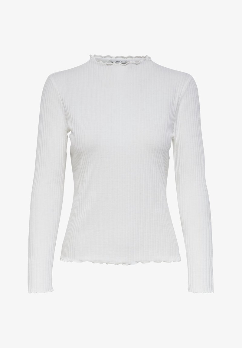 Top blanc à manches longues côtelé avec col montant et ourlet bordés de volants, coupe slim, fabriqué en tissu stretch.