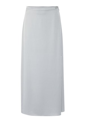 Light gray, ankle-length straight skirt with a narrow waistband and two small side buckle closures at the waist.