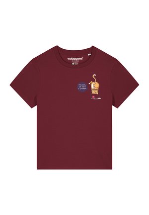 Bordeauxkleurig katoenen t-shirt met korte mouwen, met een illustratie van een hond in een glas en de tekst "Houston, we hebben een probleem."