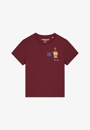 Maroon cotton t-shirt with short sleeves, featuring an illustration of a dog in a glass and the text "Houston, we have a problem."