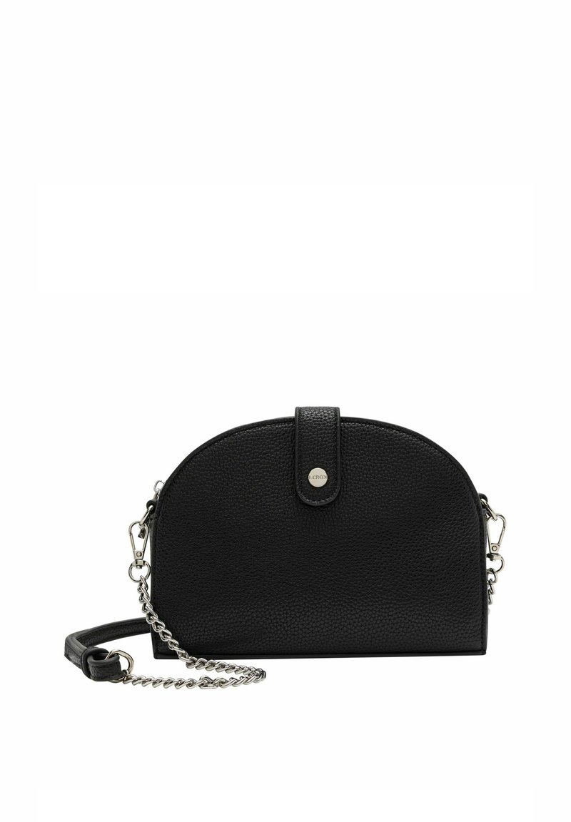 Borsa a tracolla in pelle nera con forma rotonda, superficie texture, chiusura a bottone a scatto e tracolla in catena argentata.