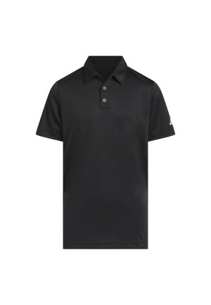 Schwarzes Polohemd mit kurzen Ärmeln, zwei Knöpfen und Kragen, schlichtes Design und kleinem Logo am linken Ärmel.