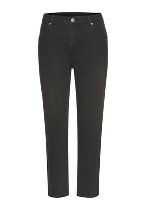 Jean noir à jambes droites avec fermeture à bouton et zip à l'avant, passants pour ceinture, ainsi que poches avant et arrière.