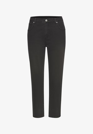 Zwarte jeans met rechte pijpen, voorzijde met knopen en ritssluiting, broekriemlussen en zakken aan de voor- en achterkant.
