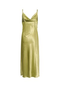 Robe sans manches en satin vert clair avec fines bretelles, encolure drapée, taille cintrée et jupe fluide longue jusqu'aux chevilles.