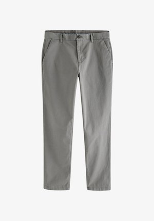 Szare chinosy wykonane z gładkiej mieszanki bawełny, w prostym kroju, z bocznymi kieszeniami oraz zapięciem na guzik z szlufkami na pasek. Prosty, czysty design bez wzorów.