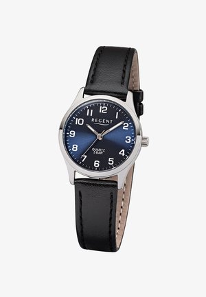 Montre-bracelet ronde en argent avec un cadran bleu, des chiffres blancs, un bracelet en cuir noir et le logo "REGENT", indiquant l'heure 10:10:36.