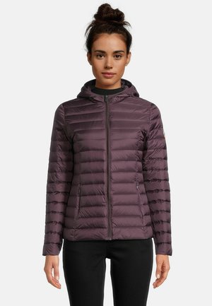 Padded jacket in dark purple, featuring a hood, front zipper, and quilted design. Smooth texture with a fitted silhouette.
