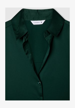 Blusa di raso verde scuro con colletto classico, chiusura frontale con bottoni e texture liscia. L'etichetta indica la taglia S di Terranova.