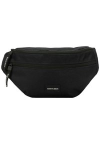 Bolso tipo cinturón negro con compartimentos dobles con cremallera, hecho de tela duradera. Presenta un parche con el logo y detalles de cremallera en contraste.