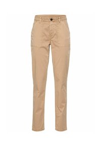 Beige bomuldsbukser med slim fit, med knaplukning, frontlommer og flade sømme. Glat tekstur; letvægtsstof.