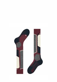 Gemusterte Socken mit hexagonalen Formen in Dunkelblau, burgunderrot, Grau und Creme; strukturiertes Gewebe mit verstärkten Zehen- und Fersenbereichen.