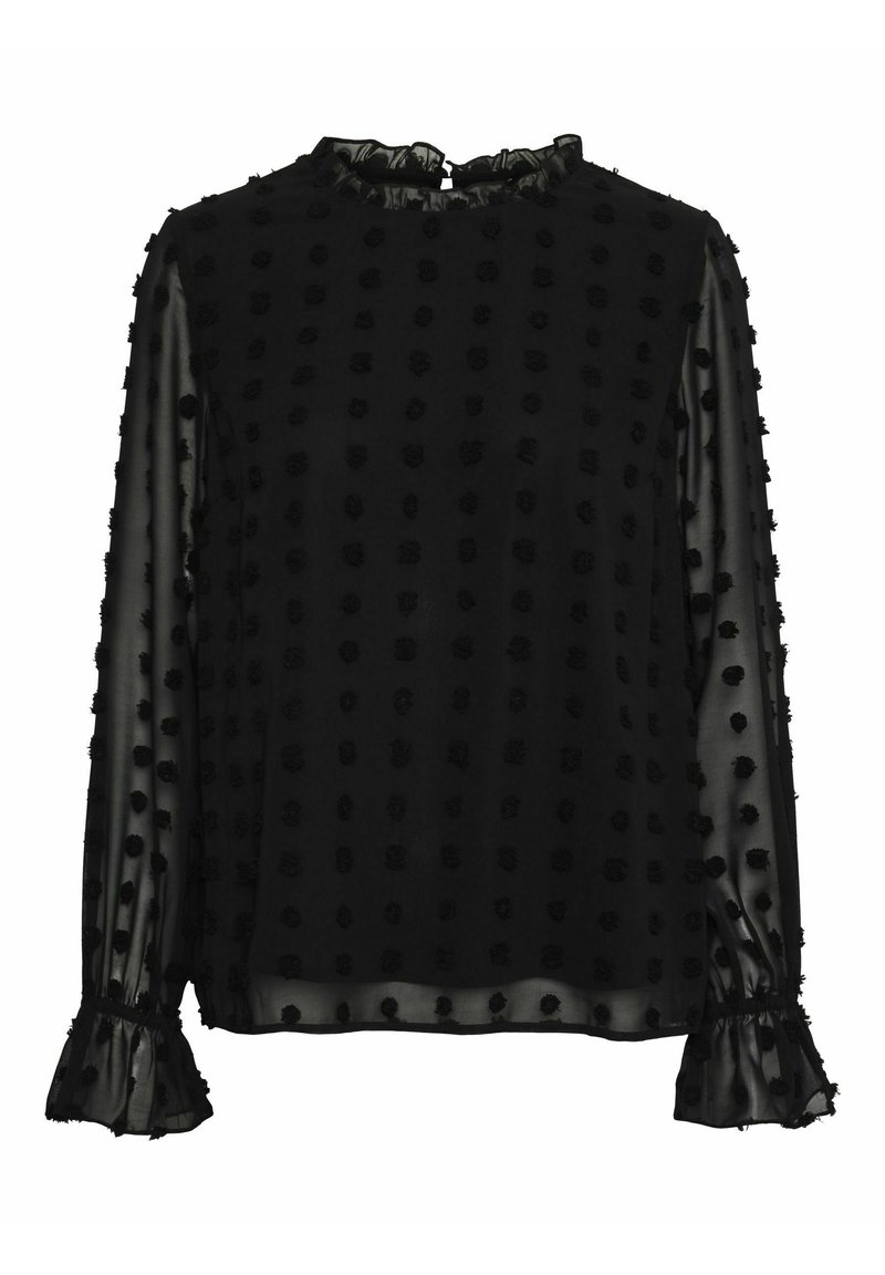 Blouse noire transparente avec une texture à pois, un col froncé et des poignets évasés. Remarquable par son tissu doux et son motif élégant.