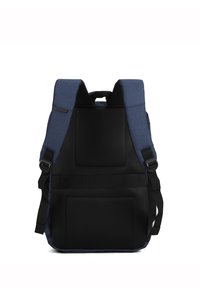 Navy blue backpack with a textured black panel, padded straps, and multiple compartments. Smooth fabric surfaces and breathable mesh accent.