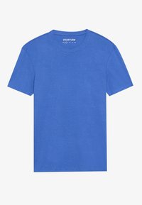 Tricou scurt cu mânecă, de culoare albastră, realizat din bumbac moale, având un guler clasic în formă de cerc și o textură netedă, uniformă, fără modele sau accente.