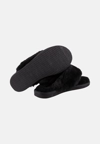 Zwarte pluche pantoffels met een zachte vacht bovenkant, platte rubberen zool met een gemodelleerd profiel voor grip, en open teen ontwerp voor gemakkelijk aan- en uittrekken.