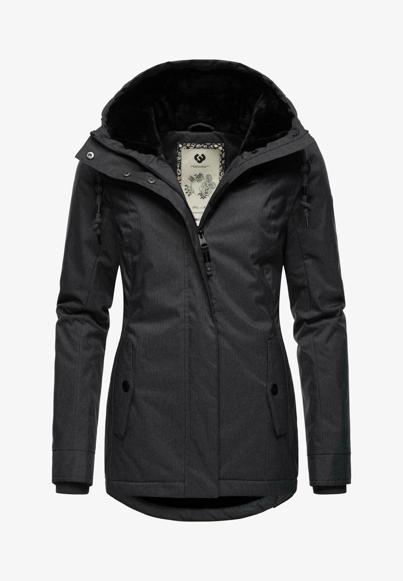 Veste noire isolée avec une finition texturée, grande capuche, cordons de serrage, fermeture éclair à l'avant et deux poches latérales. Intérieur doublé avec motif.