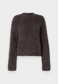 Donkerbruine, fuzzy trui met lange mouwen, ronde hals en een gestructureerde brei-afwerking. Relaxte pasvorm, lichtgewicht materiaal, geen zichtbare hardware.