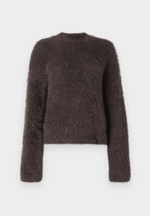 Donkerbruine, fuzzy trui met lange mouwen, ronde hals en een gestructureerde brei-afwerking. Relaxte pasvorm, lichtgewicht materiaal, geen zichtbare hardware.