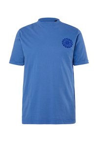 Blue short-sleeve t-shirt with a high-neck design, made from soft cotton, featuring a circular logo in darker blue on the chest.
