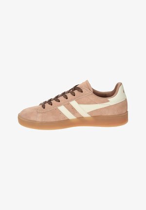 Light brown suede sneaker with white side stripes, dark brown laces, and a translucent gum sole, shown in right side profile.
