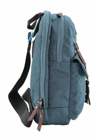 Borsa a spalla in tessuto blu con due scomparti con zip, manici in tessuto grigio, dettagli in pelle marrone e una tasca laterale.