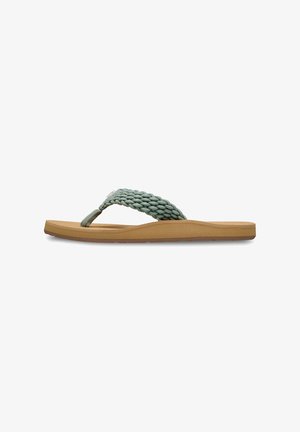 Groen gevlochten stoffen riem slipper met een beige schuimzool, voorzien van een getextureerde buitenzool voor grip en een minimalistisch ontwerp.