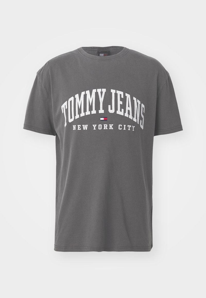 Gray cotton t-shirt with short sleeves, featuring white text "TOMMY JEANS NEW YORK CITY" in a bold, arching font.