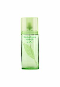 Grøn glas parfume flaske med en gennemsigtig grøn kapsel, der har et blad design og teksten "Elizabeth Arden Green Tea Lotus."