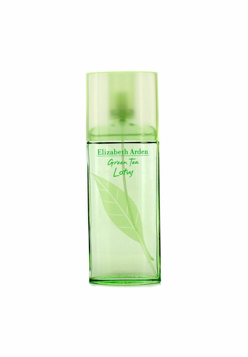 Grøn glas parfume flaske med en gennemsigtig grøn kapsel, der har et blad design og teksten "Elizabeth Arden Green Tea Lotus."