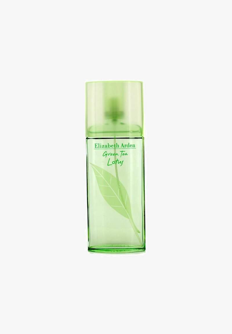 Grøn glas parfume flaske med en gennemsigtig grøn kapsel, der har et blad design og teksten "Elizabeth Arden Green Tea Lotus."