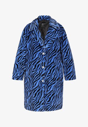 Blauer und schwarzer Kunstpelz-Mantel mit Tigerstreifenmuster. Verfügt über einen Reverskragen, eine Knopfverschluss und drei Viertel lange Ärmel.