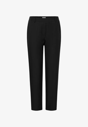 Zwarte broek met een gladde textuur, slim fit, rechte pijpen, elastische tailleband en zonder zichtbare hardware of patronen.