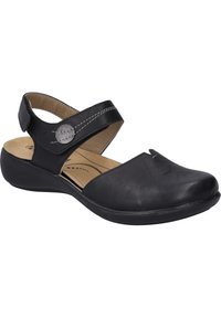 Sandalo in pelle nera con punta arrotondata, cinturino incrociato regolabile, bottone decorativo, soletta imbottita e suola testurizzata.