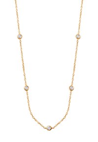 Złoty naszyjnik z łańcuszkiem, zdobiony małymi, okrągłymi, przezroczystymi kryształkami równomiernie rozmieszczonymi wzdłuż długości, podkreślając elegancki i delikatny design.
