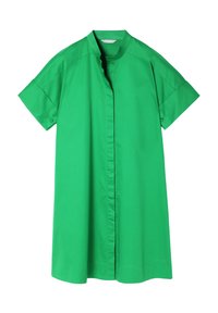 Short-sleeve, collared dress in vibrant green cotton. Features a button-front closure and a loose, relaxed fit. Smooth texture throughout.
